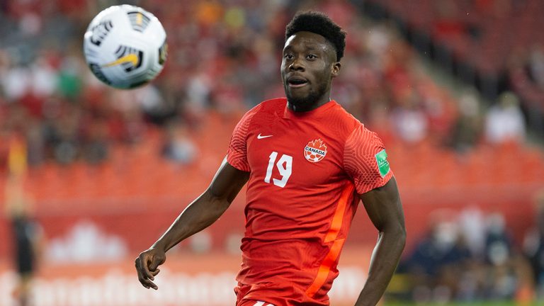 Canada's Alphonso Davies eyes the ball against Panama during second half World Cup qualifying action in Toronto on Wednesday, October 13, 2021. (Chris Young/CP)