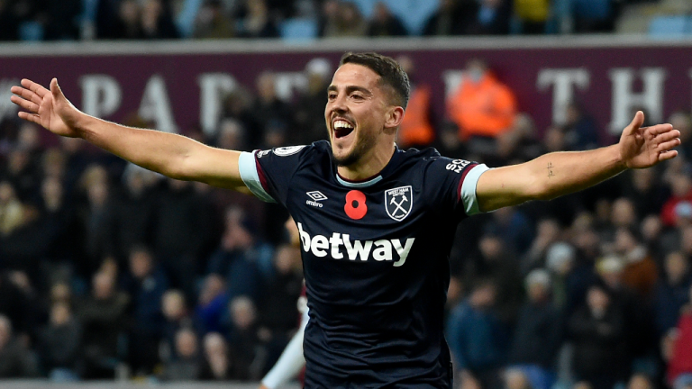 West Ham's Pablo Fornals celebrates after scoring his side's third goal against Aston Villa on Sunday. (AP)