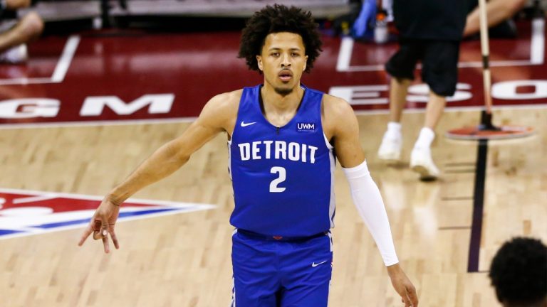 Detroit Pistons' Cade Cunningham celebrates a 3-point shot against the Houston Rockets during the first half of an NBA summer league basketball game Tuesday, Aug. 10, 2021, in Las Vegas. (Chase Stevens/AP)