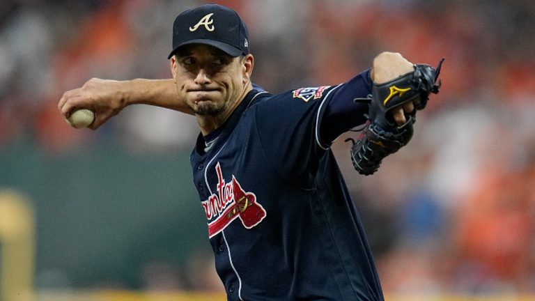 Atlanta Braves starting pitcher Charlie Morton throws during the first inning of Game 1 in baseball's World Series between the Houston Astros and the Atlanta Braves Tuesday, Oct. 26, 2021, in Houston (Ashley Landis/AP).