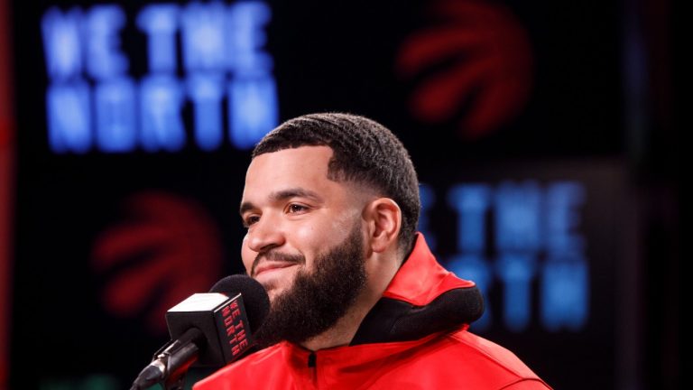 Toronto Raptors' Fred VanVleet speaks to media at Scotiabank Arena during the NBA basketball team's Media Day in Toronto, Monday, Sept. 27, 2021. (Cole Burston/The Canadian Press via AP)