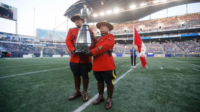 The Grey Cup on the field prior to the game between the Hamilton Tiger-Cats and Winnipeg Blue Bombers in CFL action in Winnipeg Thursday, August 5, 2021 (John Woods/CP).
