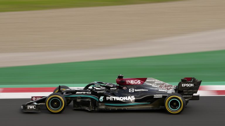Mercedes driver Lewis Hamilton of Britain steers his car during the second practice session ahead of Sunday's Formula One Turkish Grand Prix at the Intercity Istanbul Park circuit in Istanbul, Turkey, Friday, Oct. 8, 2021.(Francisco Seco/AP)
