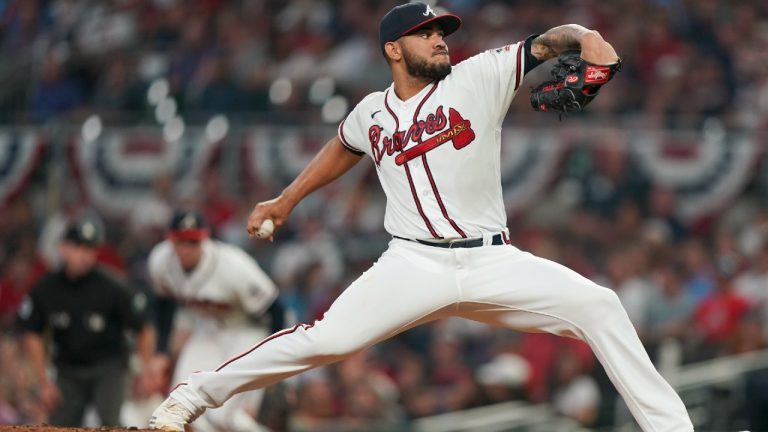 Atlanta Braves starting pitcher Huascar Ynoa (19) delivers against the Milwaukee Brewers during the fifth inning of Game 4 of a baseball National League Division Series, Tuesday, Oct. 12, 2021, in Atlanta (Brynn Anderson/AP).