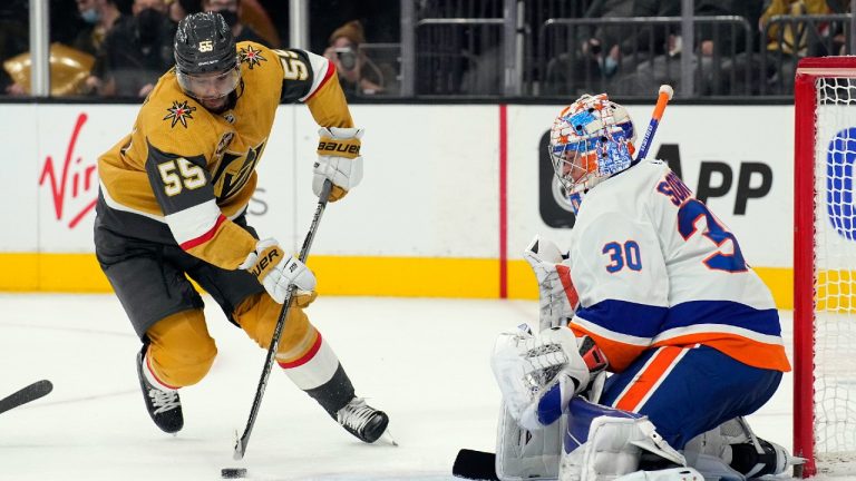 Vegas Golden Knights Keegan Kolesar tries to score on New York Islanders goaltender Ilya Sorokin (30) during the second period of an NHL hockey game, Sunday, Oct. 24, 2021, in Las Vegas (Rick Scuteri/AP).