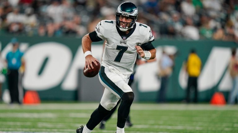 Philadelphia Eagles quarterback Joe Flacco looks to pass during the first half of an NFL preseason football game against the New York Jets Friday, Aug. 27, 2021, in East Rutherford, N.J (John Minchillo/AP).
