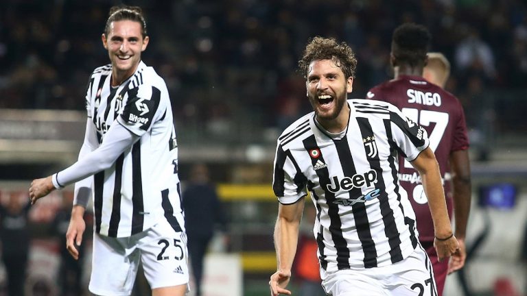 Juventus' Manuel Locatelli celebrates scoring during the Serie A soccer match between Juventus and Torino, at the Turin Olympic stadium, Italy, Saturday, Oct. 2, 2021. Juventus won 1-0. (Spada/LaPresse via AP) 
