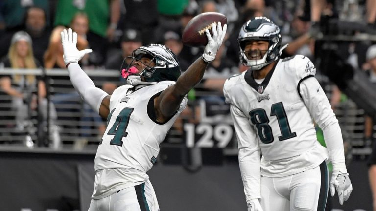 Philadelphia Eagles running back Kenneth Gainwell (14) celebrates after scoring a touchdown against the Las Vegas Raiders during the first half of an NFL football game, Sunday, Oct. 24, 2021, in Las Vegas. (David Becker/AP)