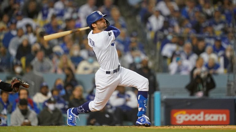Los Angeles Dodgers' Chris Taylor flies out during the second inning of Game 3 of a baseball National League Division Series against the San Francisco Giants, Monday, Oct. 11, 2021, in Los Angeles. (Ashley Landis/AP)