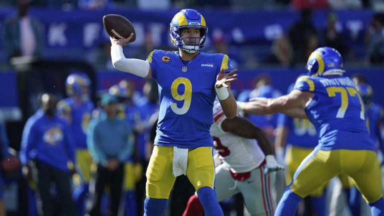Los Angeles Rams quarterback Matthew Stafford throws during the second half of an NFL football game against the New York Giants, Sunday, Oct. 17, 2021, in East Rutherford, N.J. (Frank Franklin II/AP)