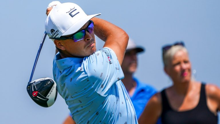 Rickie Fowler tees off on the ninth hole during the third round of the 3M Open golf tournament in Blaine, Minn., Saturday, July 24, 2021 (Craig Lassig/AP).