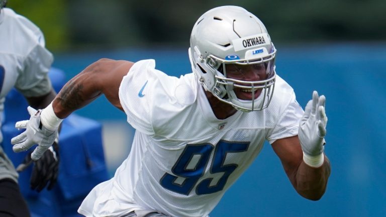 Detroit Lions defensive end Romeo Okwara runs a drill during an NFL football practice in Allen Park, Mich., Tuesday, June 8, 2021 (Paul Sancya/AP).
