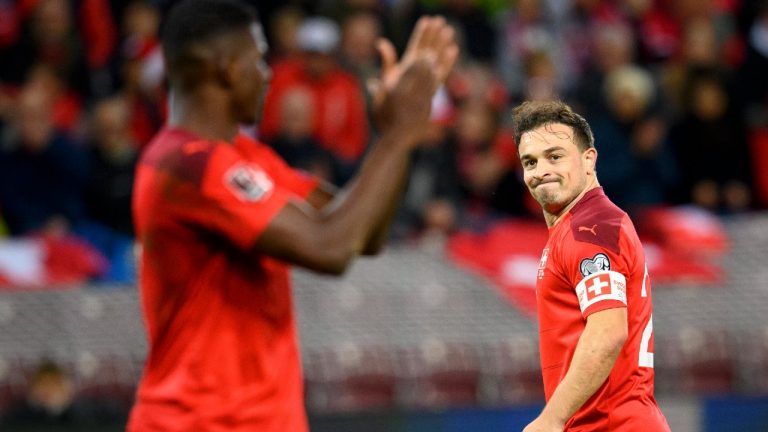 Switzerland's midfielder Xherdan Shaqiri reacts during during the World Cup 2022 group C soccer match between Switzerland and Northern Ireland, at the Stade de Geneve stadium, in Geneva, Switzerland, Saturday, Oct. 9, 2021. (Laurent Gillieron/Keystone via AP) 

