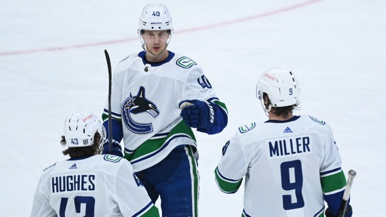 Vancouver Canucks centre Elias Pettersson (40) celebrate his goal with teammates Quinn Hughes (43) and J.T. Miller (9). (Nathan Denette/CP)