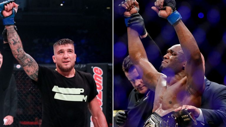 Bellator MMA welterweight champion Yaroslav Amosov, left, is 26-0 in mixed martial arts and UFC welterweight champion Kamaru Usman, right, is a perfect 14-0 in the UFC. (Images courtesy of Bellator MMA and Associated Press)