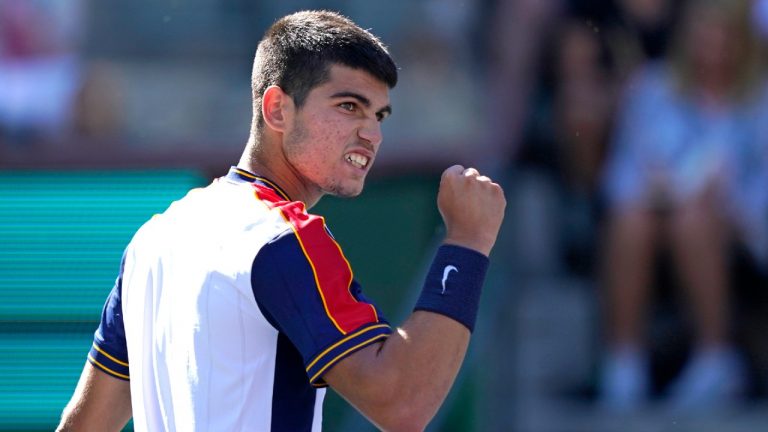 Carlos Alcaraz, of Spain, motions after winning a point against Andy Murray, of Britain, at the BNP Paribas Open tennis tournament Sunday, Oct. 10, 2021, in Indian Wells, Calif. (Mark J. Terrill/AP)
