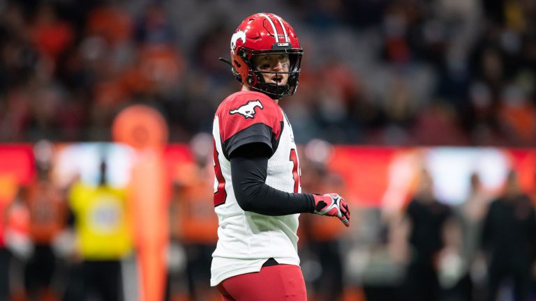 Calgary Stampeders quarterback Bo Levi Mitchell calls out before a play against the B.C. Lions during the first half of a CFL football game. (Darryl Dyck/CP)