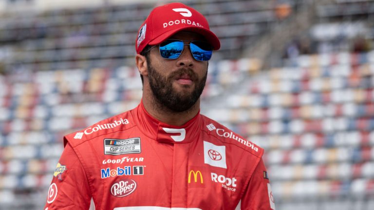 Bubba Wallace waits for his qualifying run for the NASCAR Cup Series auto race. (Ben Gray/AP)