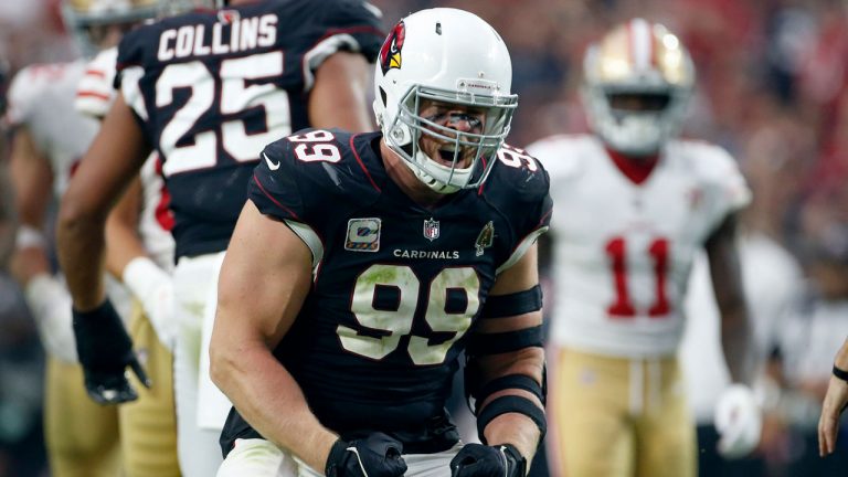Arizona Cardinals defensive end J.J. Watt (99) celebrates a defensive stop against the San Francisco 49ers during the second half of an NFL football game. (Ralph Freso/AP) 