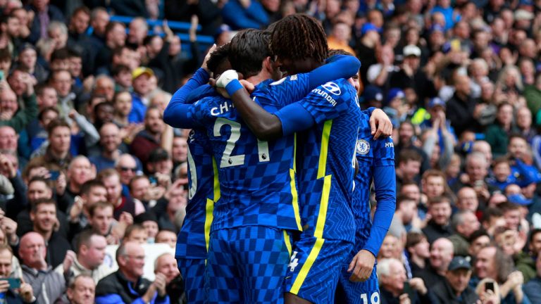 Chelsea's Ben Chilwell celebrates with teammates after scoring his side's fourth goal during the English Premier League soccer match between Chelsea and Norwich City at Stamford Bridge Stadium. (Ian Walton/AP) 