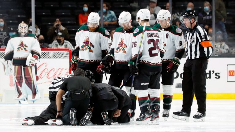 Arizona Coyotes players stand over linesman Ryan Gibbons as he gets medical attention after an injury prior to the first period of a preseason NHL hockey game against the Los Angeles Kings in Los Angeles, Tuesday, Oct. 5, 2021. (Alex Gallardo/AP Photo)