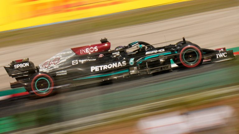 Mercedes driver Lewis Hamilton of Britain steers his car during the first practice session ahead of Sunday's Formula One Turkish Grand Prix at the Intercity Istanbul Park circuit in Istanbul, Turkey, Friday, Oct. 8, 2021. (Francisco Seco/AP)