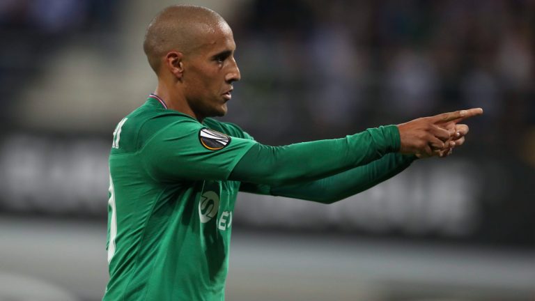 Saint-Etienne's Wahbi Khazri celebrates after scoring his side's first goal during the Europa League group I soccer match between Gent and Saint Etienne at KAA Gent Stadium in Ghent, Belgium, Thursday, Sept. 19, 2019. (Francisco Seco/AP)