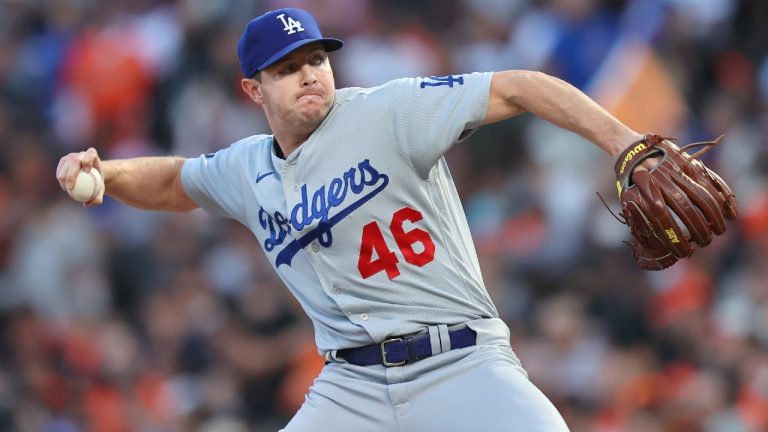 Los Angeles Dodgers' Corey Knebel pitches against the San Francisco Giants during the first inning of Game 5 of a baseball National League Division Series Thursday, Oct. 14, 2021, in San Francisco. (John Hefti/AP)