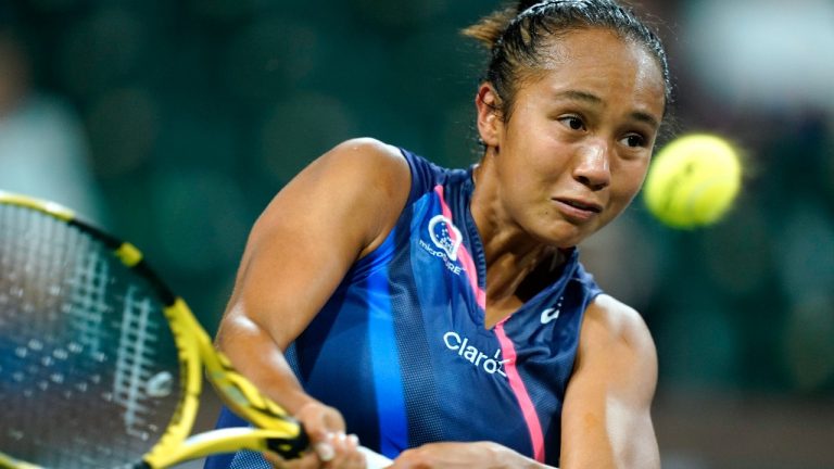 Leylah Fernandez returns shot to Alize Cornet, or France, at the BNP Paribas Open tennis tournament Friday Oct. 8, 2021, in Indian Wells, Calif. (Mark J. Terrill/AP)