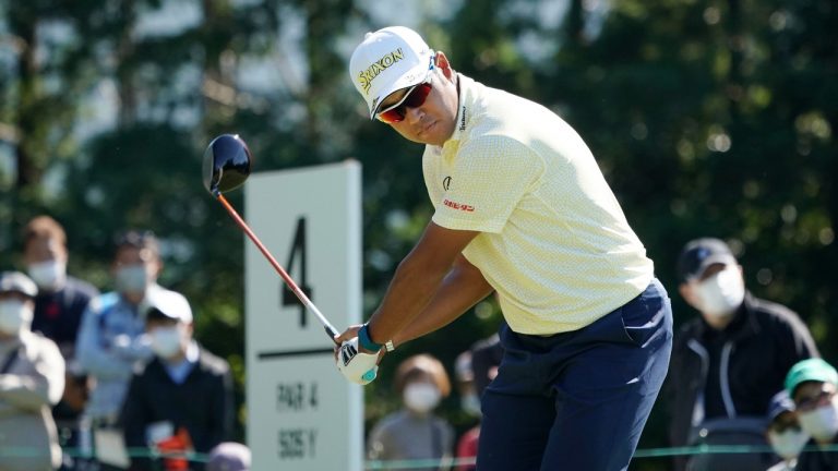 Hideki Matsuyama of Japan prepares to hit his tee shot on the fourth hole during the final round of the Zozo Championship golf tournament at Accordia Golf Narashino Country Club on Sunday, Oct. 24, 2021, in Inzai, Chiba Prefecture, Japan. (Tomohiro Ohsumi/AP Photo)