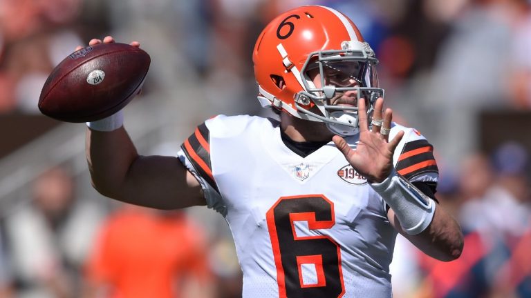 Cleveland Browns quarterback Baker Mayfield throws during the first half of an NFL football game against the Chicago Bears, Sunday, Sept. 26, 2021, in Cleveland. (David Richard/AP)