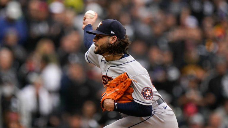 Houston Astros pitcher Lance McCullers Jr. throws against the Chicago White Sox in the first inning during Game 4 of a baseball American League Division Series Tuesday, Oct. 12, 2021, in Chicago. (Nam Y. Huh/AP)