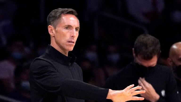 Brooklyn Nets head coach Steve Nash gestures during the second half of a preseason NBA basketball game against the Los Angeles Lakers Sunday, Oct. 3, 2021, in Los Angeles. (Mark J. Terrill/AP Photo) 
