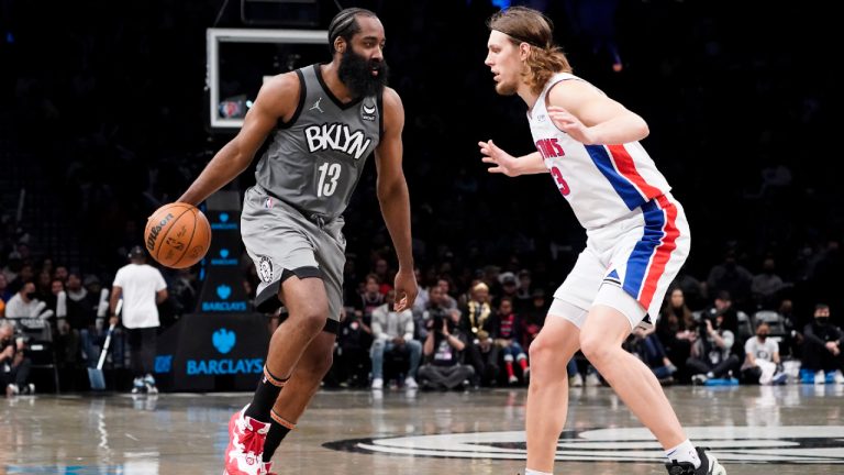 Brooklyn Nets guard James Harden (13) drives against Detroit Pistons forward Kelly Olynyk (13) during the second half of an NBA basketball game Sunday, Oct. 31, 2021, in New York. (Corey Sipkin/AP)