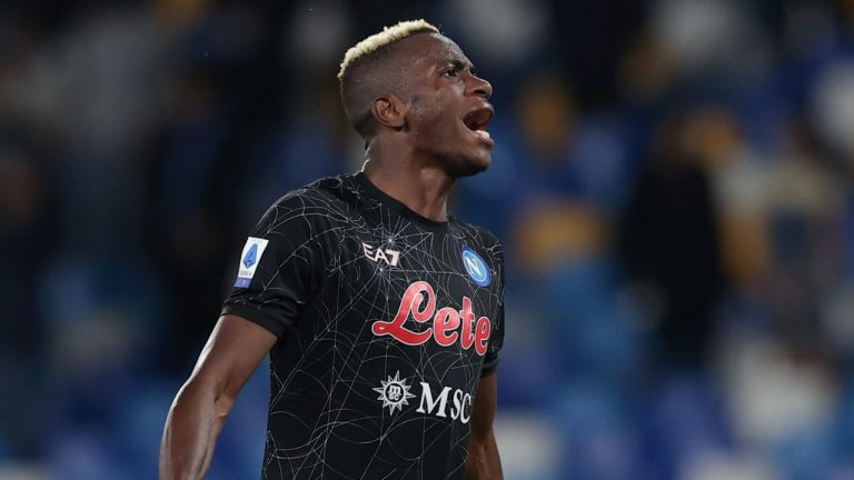 Napoli's Victor Osimhen celebrates his side's 1-0 win at the end of the Serie A soccer match between Napoli and Torino, at the Diego Armando Maradona stadium in Naples, Italy, Sunday, Oct. 17, 2021. Napoli won 1-0 (Alessandro Garofalo/LaPresse via AP)