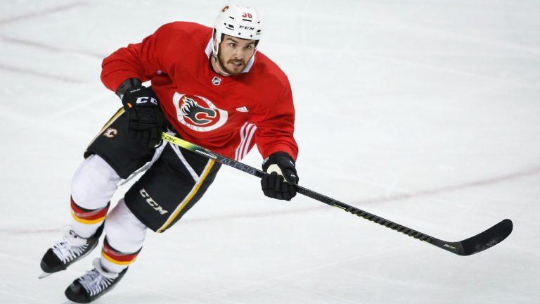 Zac Rinaldo, pictured during his stint with the Calgary Flames, skates during practice in Calgary, Monday, July 13, 2020. (Jeff McIntosh/CP)