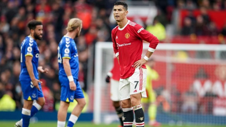 Manchester United's Cristiano Ronaldo reacts at the end of the English Premier League soccer match between Manchester United and Everton, at Old Trafford, Manchester, England, Saturday, Oct. 2, 2021. The match ended in a 1-1 draw. (Dave Thompson/AP Photo) 
