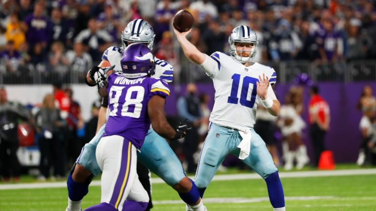 Dallas Cowboys quarterback Cooper Rush (10) throws a pass during the second half of an NFL football game against the Minnesota Vikings, Sunday, Oct. 31, 2021, in Minneapolis. (Bruce Kluckhohn/AP)