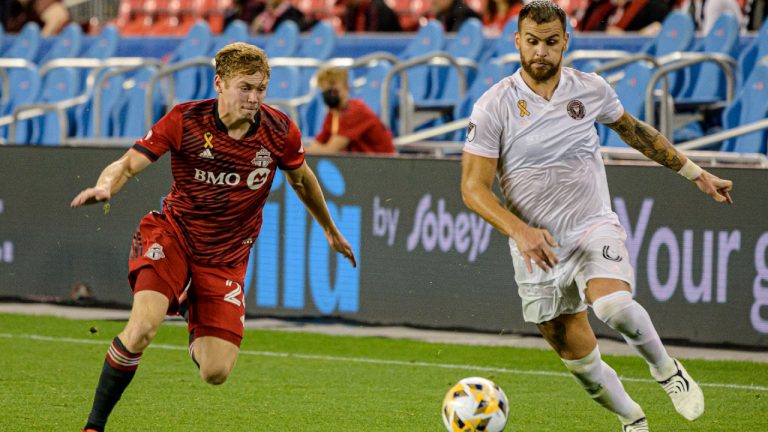Inter Miami defender Leandro Gonzalez (6) is defended by Toronto FC forward Jacob Shaffelburg (24) during second half MLS action in Toronto, on Tuesday, September 14, 2021. (Christopher Katsarov/CP)