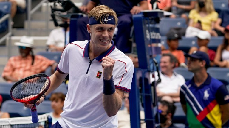 Denis Shapovalov, of Canada, reacts after scoring a point against Federico Delbonis, of Argentina, during the first round of the US Open tennis championships, Tuesday, Aug. 31, 2021, in New York. (John Minchillo/AP)