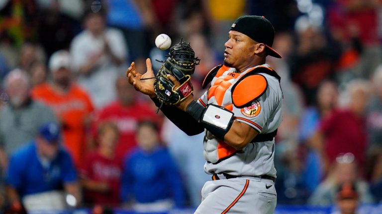 Baltimore Orioles catcher Pedro Severino catches a pop fly out by Philadelphia Phillies' Andrew McCutchen to end an interleague baseball game, Monday, Sept. 20, 2021, in Philadelphia. (Matt Slocum/AP) 