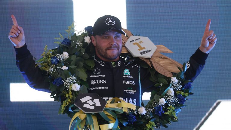 Mercedes' Veltteri Bottas celebrates after winning the Sprint Race qualifying session at the Interlagos racetrack, in Sao Paulo, Brazil, Saturday, Nov.13, 2021. The Brazilian Formula One Grand Prix. (Lars Baron/AP)
