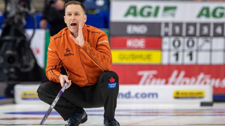 Team Gushue skip Brad Gushue instructs his team against Team Koe during Draw 4 of the 2021 Canadian Olympic curling trials in Saskatoon, Sask., Sunday, Nov. 21, 2021 (Liam Richards/CP).