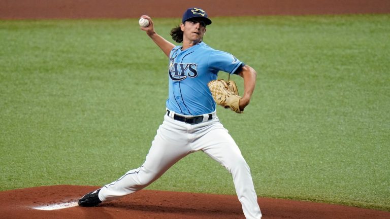 Tampa Bay Rays pitcher Brent Honeywell Jr. delivers to the New York Yankees during the first inning of a baseball game Sunday, April 11, 2021, in St. Petersburg, Fla. (Chris O'Meara/AP) 