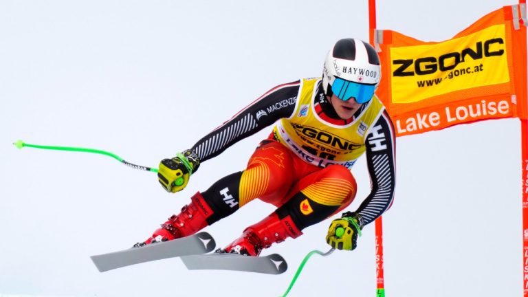 Brodie Seger of Canada flies down the course during the second Men's World Cup downhill training run in Lake Louise, Alta., on Wednesday, November 24, 2021. (Frank Gunn /CP)
