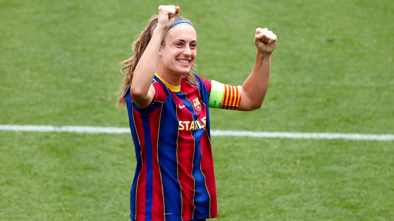 Barcelona's Alexia Putellas waves to supporters after defeating Paris Saint-Germain in their Women's Champions League semifinal second leg soccer match at the Johan Cruyff stadium in Barcelona, Spain, Sunday, May. 2, 2021. (Joan Monfort/AP)