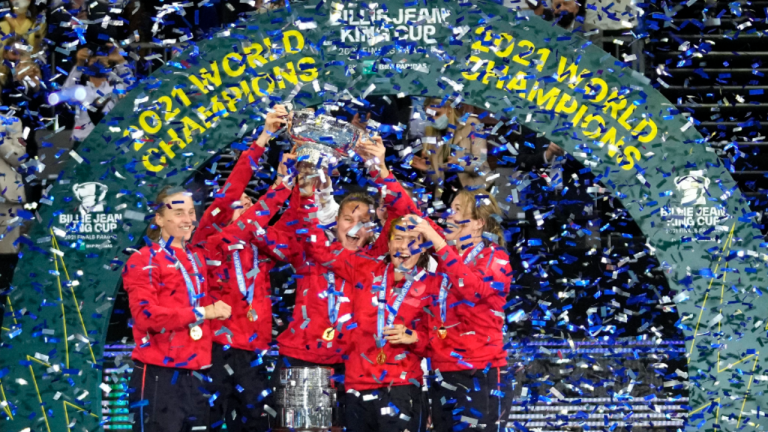 Russia celebrates after winning their Billie Jean King Cup final against Switzerland. (AP)