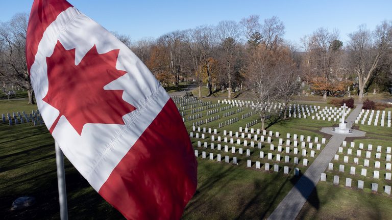In this photo taken using a drone, the Canadian flag flies at the National Military Cemetery, Wednesday, Nov. 10, 2021 in Ottawa. (Adrian Wyld/CP)