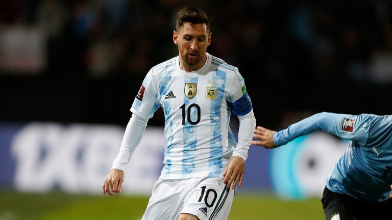 Argentina's Lionel Messi controls the ball during a qualifying soccer match against Uruguay for the FIFA World Cup Qatar 2022 in Montevideo, Uruguay, Friday, Nov. 12, 2021. (Matilde Campodonico/AP, Pool)