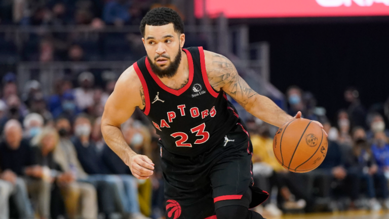 Toronto Raptors guard Fred VanVleet dribbles up the court against the Golden State Warriors during the first half of an NBA game in San Francisco on Sunday. (AP)